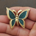 1980s Gold Tone With Green Enamel Textured Butterfly Brooch
