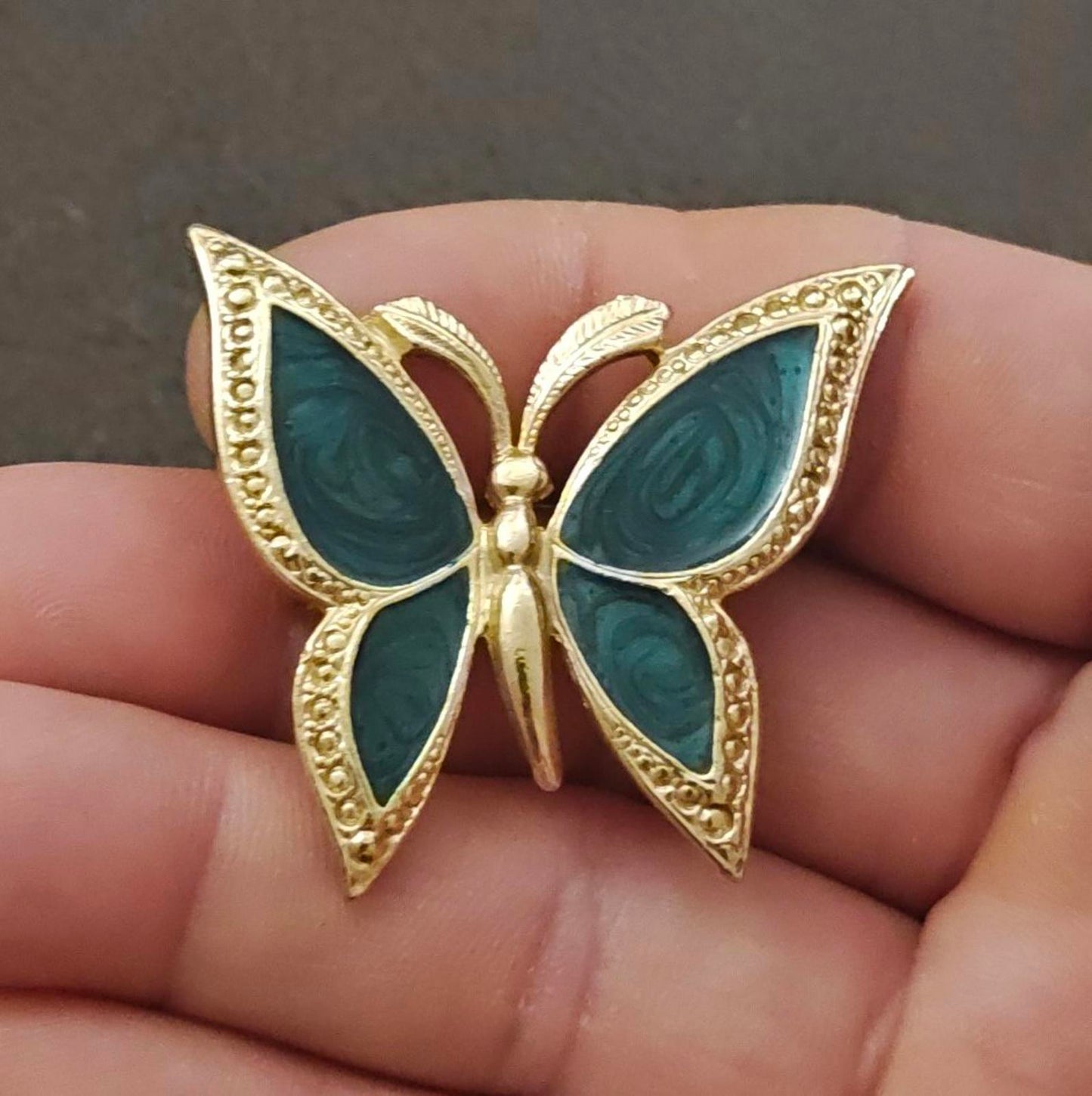1980s Gold Tone With Green Enamel Textured Butterfly Brooch