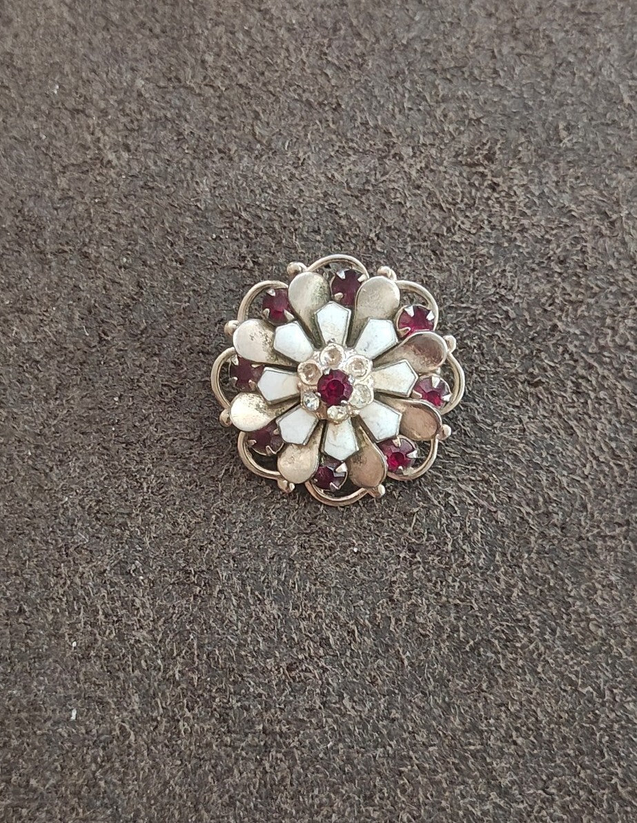 1950s Layered Flower Brooch With Red Rhinestones Gold Tone White Enamel Brooch