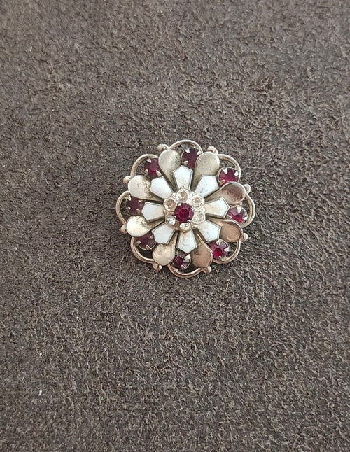 1950s Layered Flower Brooch With Red Rhinestones Gold Tone White Enamel Brooch