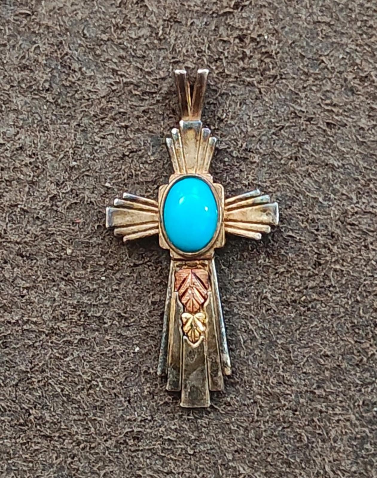 80s Coleman Co. Black Hills 12 Kt Gold & Sterling Silver Turquoise Cross Pendant