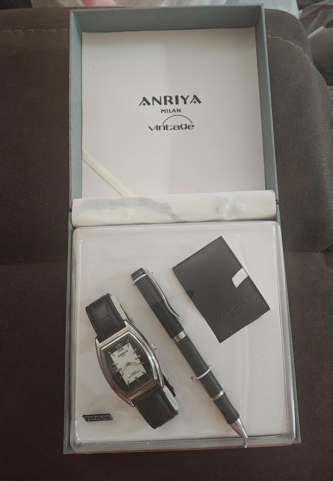 1990s Anriya Milan Men's Gift Set-Rectangular Watch, Pen, Cardholder NOS