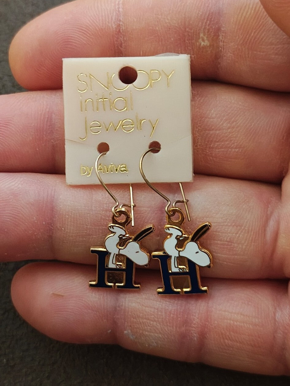 1970s Peanuts Snoopy Initial "H" Gold Tone Cloisonné Enamel Dangle Earrings New