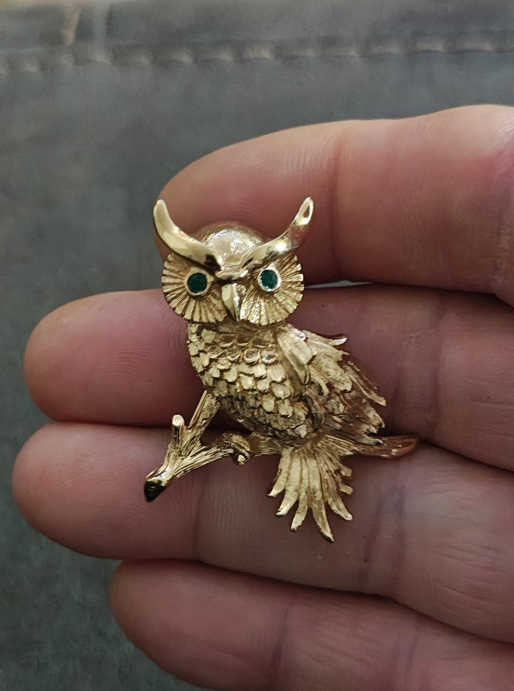 1980s Monet Gold Tone Owl With Emerald Green Rhinestone Eyes Brooch