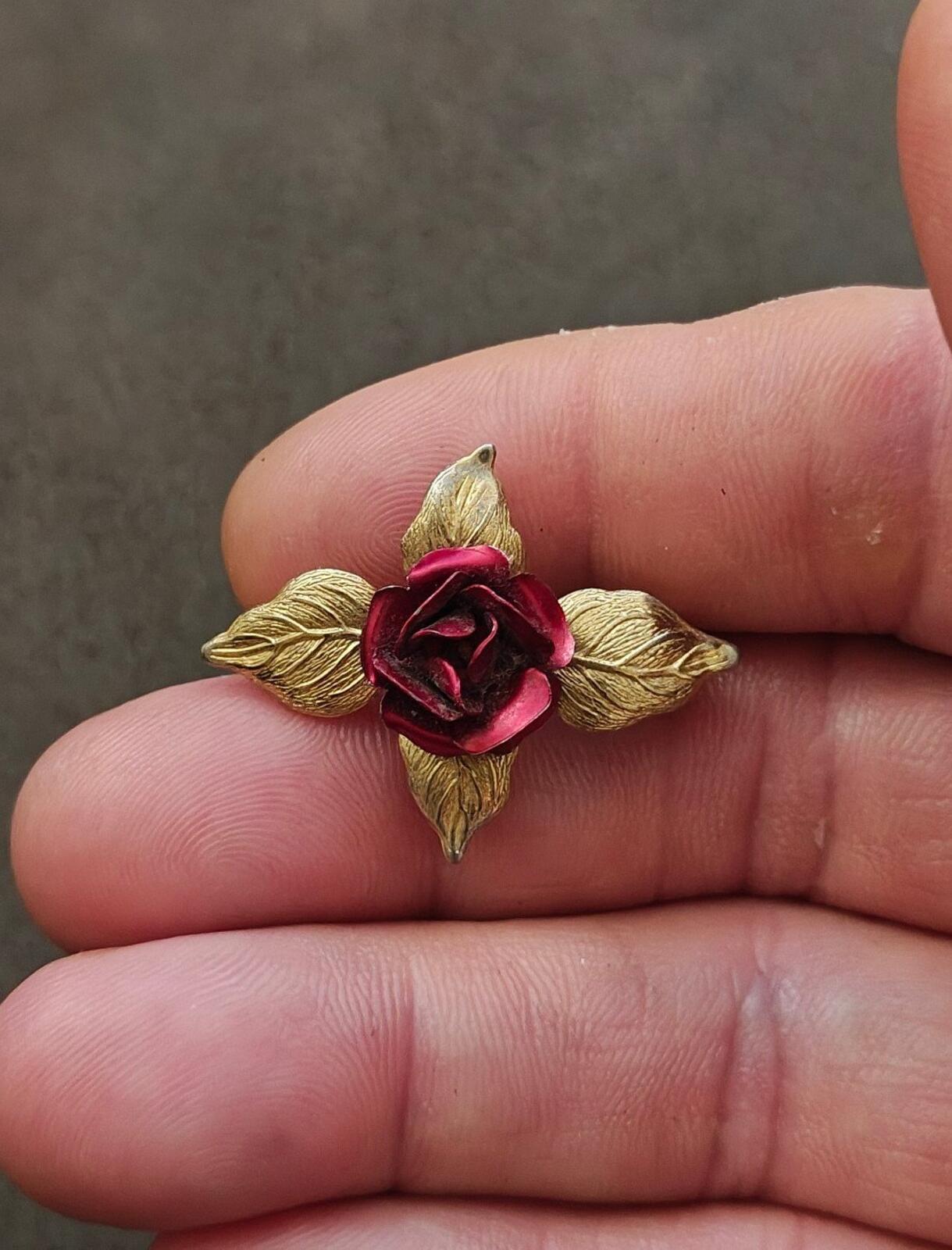 1970s/80s 3D Gold Tone Textured Red Enamel Rose Brooch