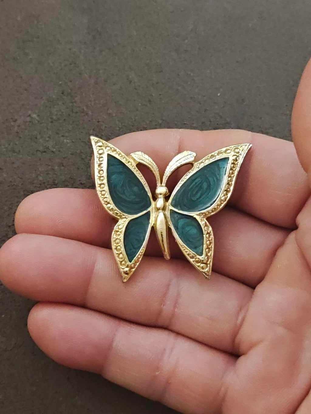 1980s Gold Tone With Green Enamel Textured Butterfly Brooch