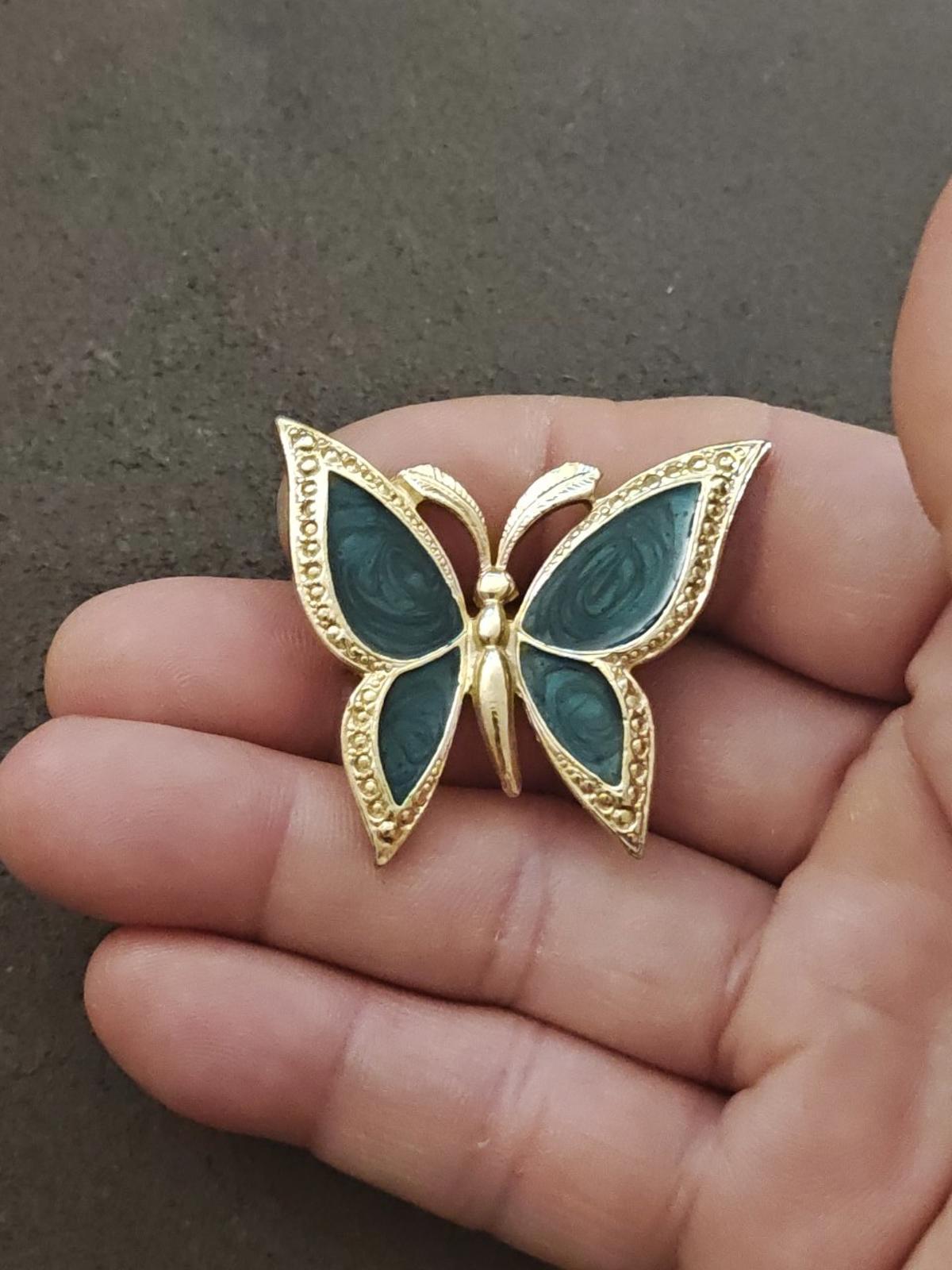 1980s Gold Tone With Green Enamel Textured Butterfly Brooch
