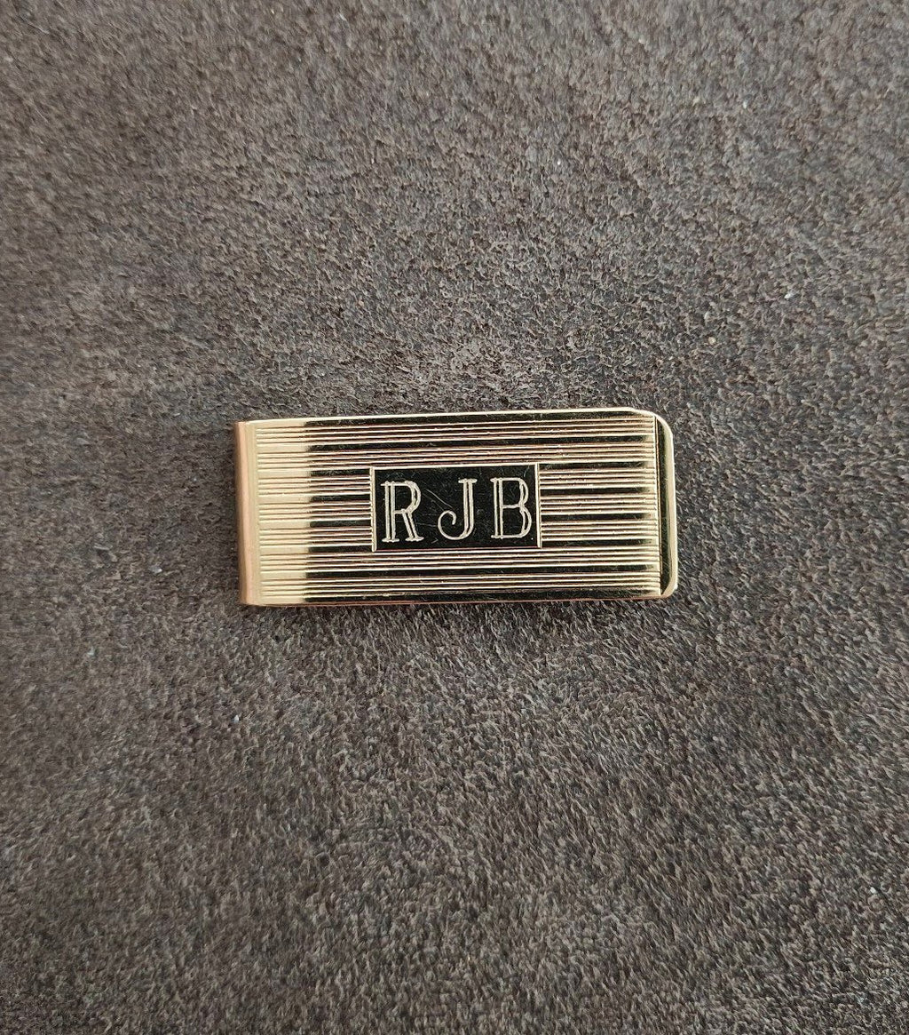 1960s Gold-Tone Engine-Turned Money Clip Monogrammed "RJB"
