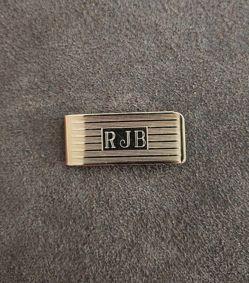 1960s Gold-Tone Engine-Turned Money Clip Monogrammed "RJB"