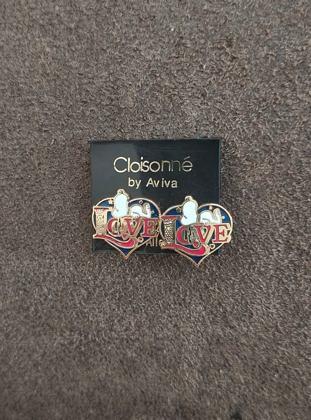 1970s Peanuts Snoopy "LOVE" Gold Tone Cloisonné Enamel Stud Earrings New