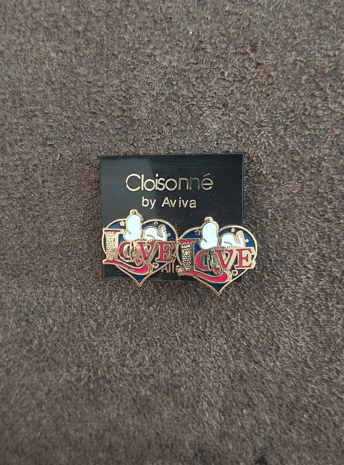 1970s Peanuts Snoopy "LOVE" Gold Tone Cloisonné Enamel Stud Earrings New