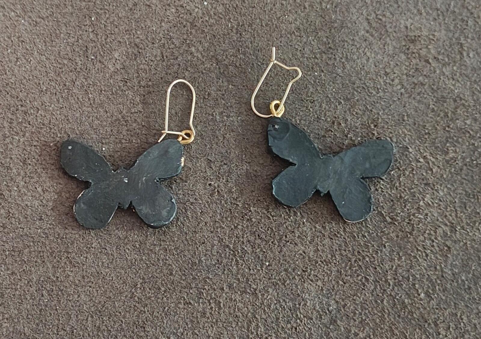 Handmade Black Polymer Clay Butterfly Earrings With Striking Gold Leaf Flakes