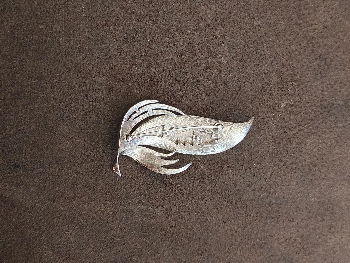 1950s/60s Silver Tone Crown Trifari Stylized Leaf Brooch