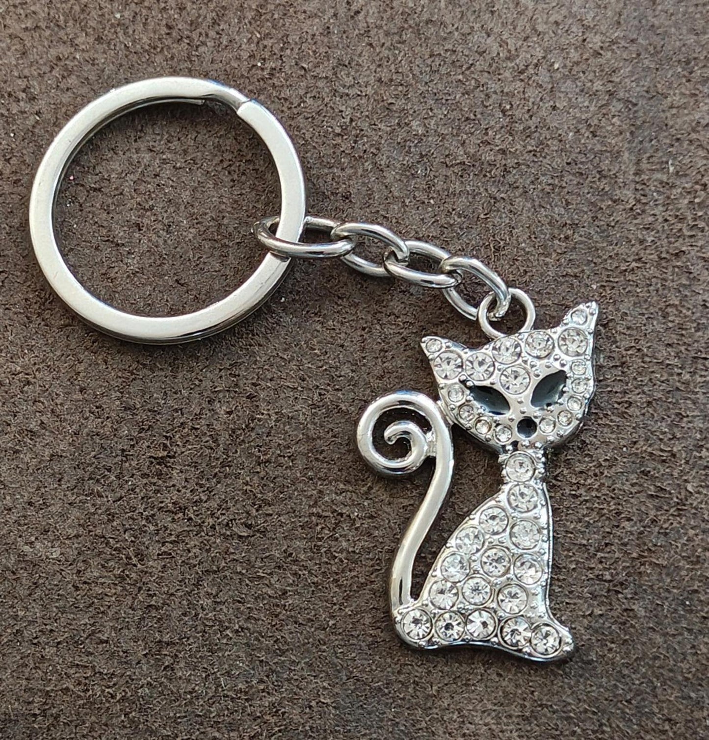 Rhinestone Inlaid Cat/Kitten Silver Tone Black Enamel Keychain/Bag Charm/Fob