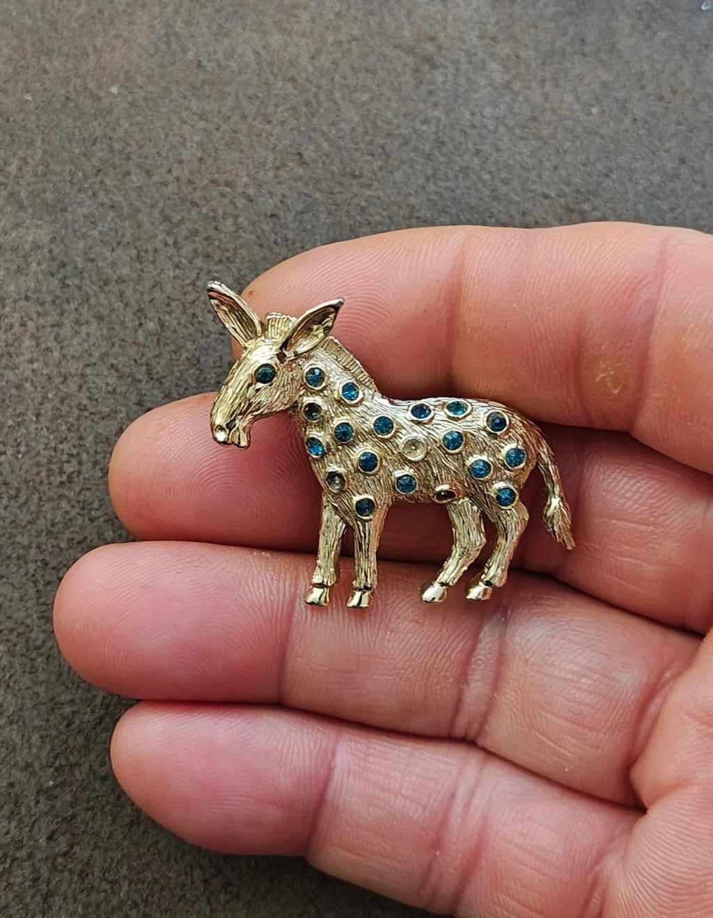 1950s/60s Vintage Dodds Donkey With Blue Rhinestones Gold Tone Brooch Pin