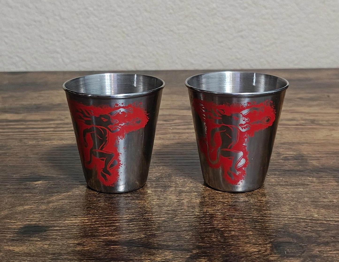 1980s Set Of 2 Fireball Cinnamon Whisky Stainless Steel Dragon Shot Glasses