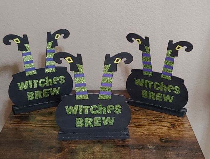 Set Of 3 Wooden Witches Brew Table Decor Figures - Trinketmania
